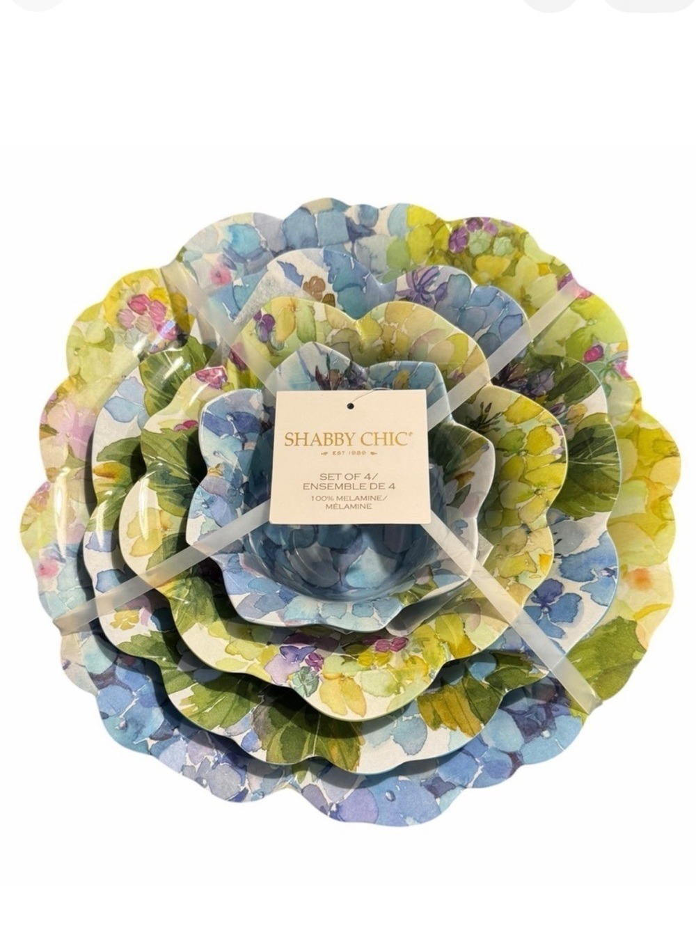 Shabby Chic Floral Shaped Hydrangea Melamine Nesting Serving Bowls Set of 4 NWT